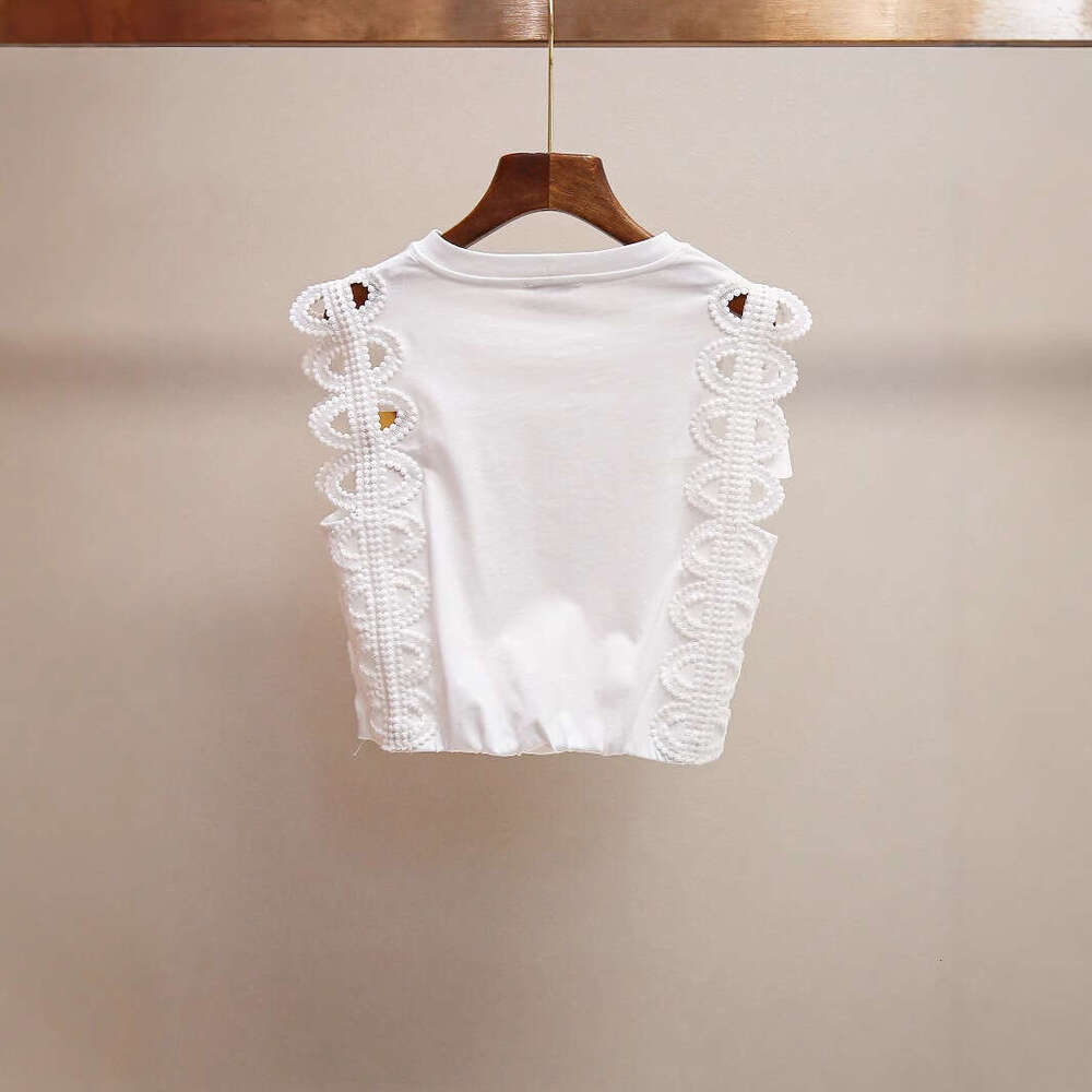 2026 high-end women's spring and summer new fashionable French design hollow out sleeveless short sleeved T-shirt top