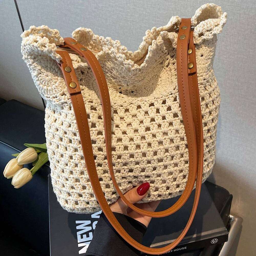 Large Capacity Tote bags for Women Woven Crochet khaki beige Beach women Shoulder Bag XJ260306