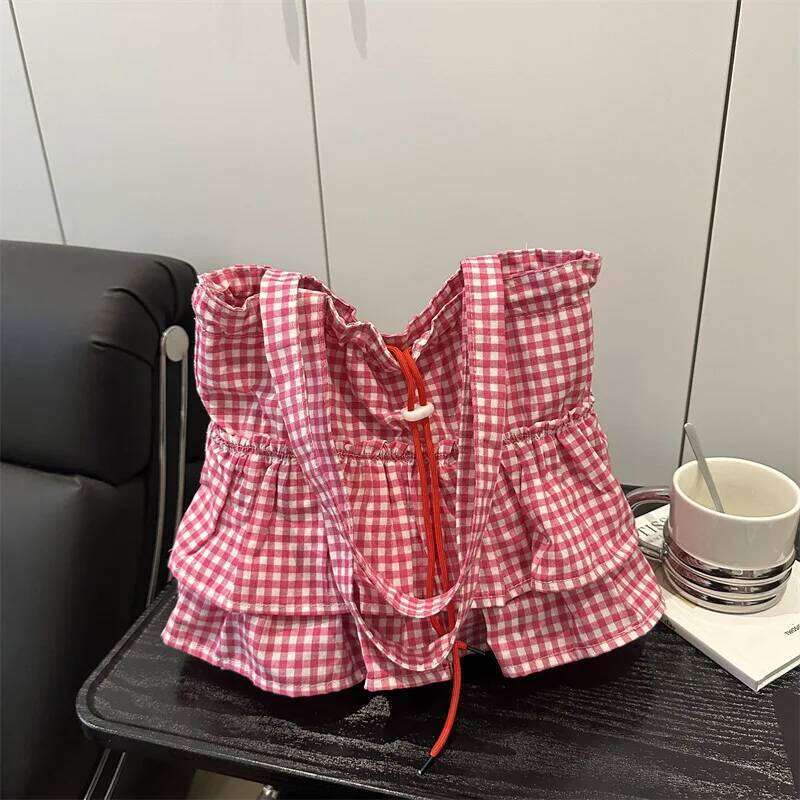 Women's Tote Bag Ruffles Plaid Drawstring Handbag Women Fashion Canvas Shoulder BagsLarge Capacity Korean Bags Bolsos De Mujer XJ260306