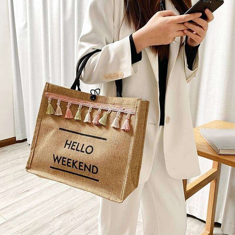 Women Beach Bags Handbags Large Capacity Lady Tassel Shoulder Big Letter Linen Totes Casual Girls Travel Shopping Bag XJ260306