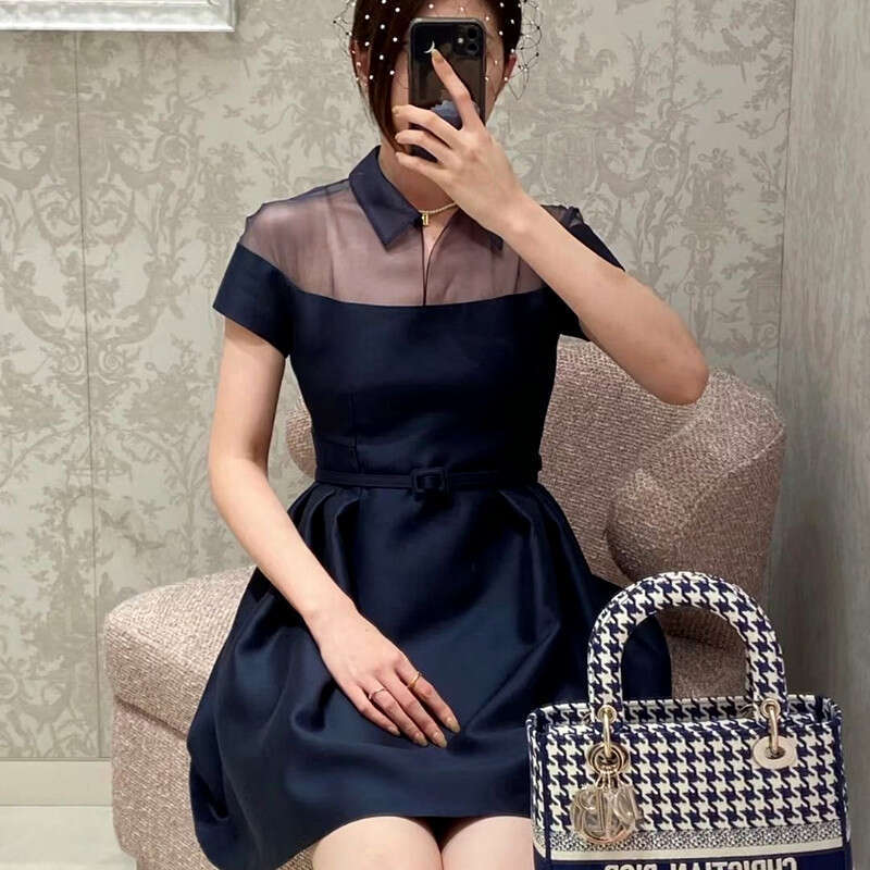 2026 Spring and Summer New a3 Retro French Shirt Collar Hollow Transparent Hard Yarn Splicing Small Black Skirt
