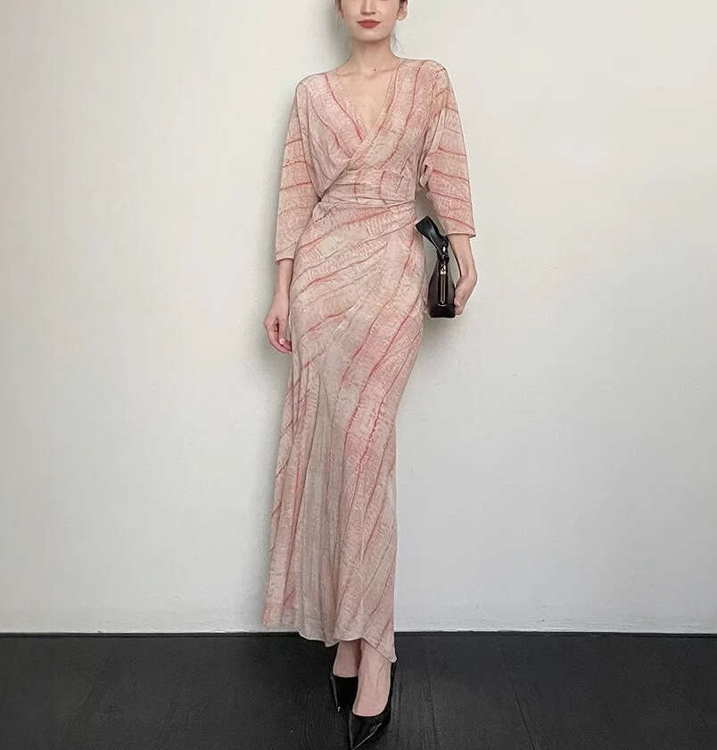 2026 Designer Women's Spring and Summer European A12 and American Loose Fit Elegant Silk Printed Tie Dress Dress