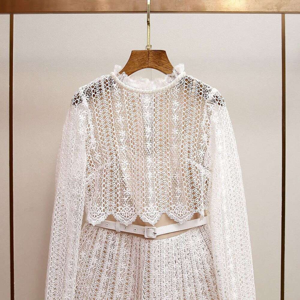 2026 Autumn/Winter New Elegant High end Social Style Heavy duty Water soluble Lace Fake Two piece Waist Dress Short Skirt