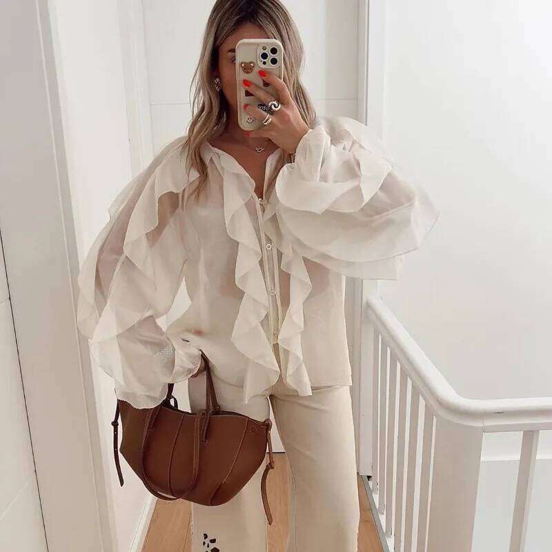 Spring 2026 Elegant V-Neck Blouse Single-Breasted Long Sleeves Laminated Decorative Solid 2Color Shirt Women Clothes AKIKIYU