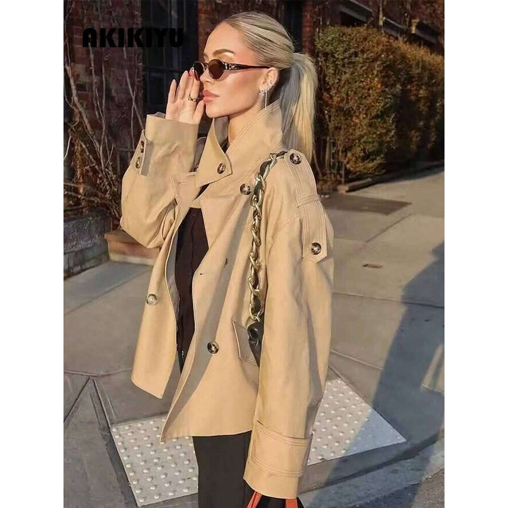 Women's Khaki Stand Collar Double Breasted Trench Coat - Long Sleeve Streetwear Jacket With Pockets, Fashion Outerwear AKIKIYU
