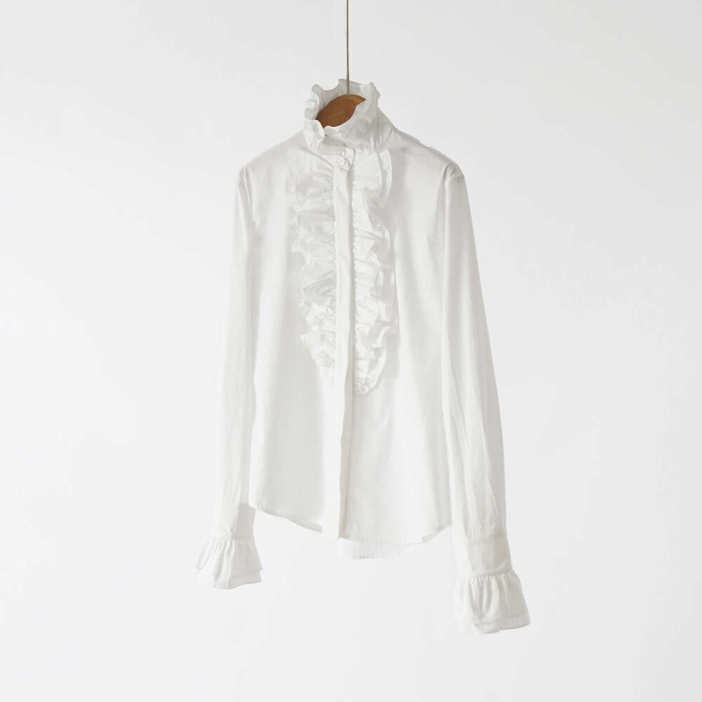 Women's White Shirt Xiaoma Brand 2026 Autumn/Winter New Designer 100% Poplin Cotton Ruffle High Collar Top