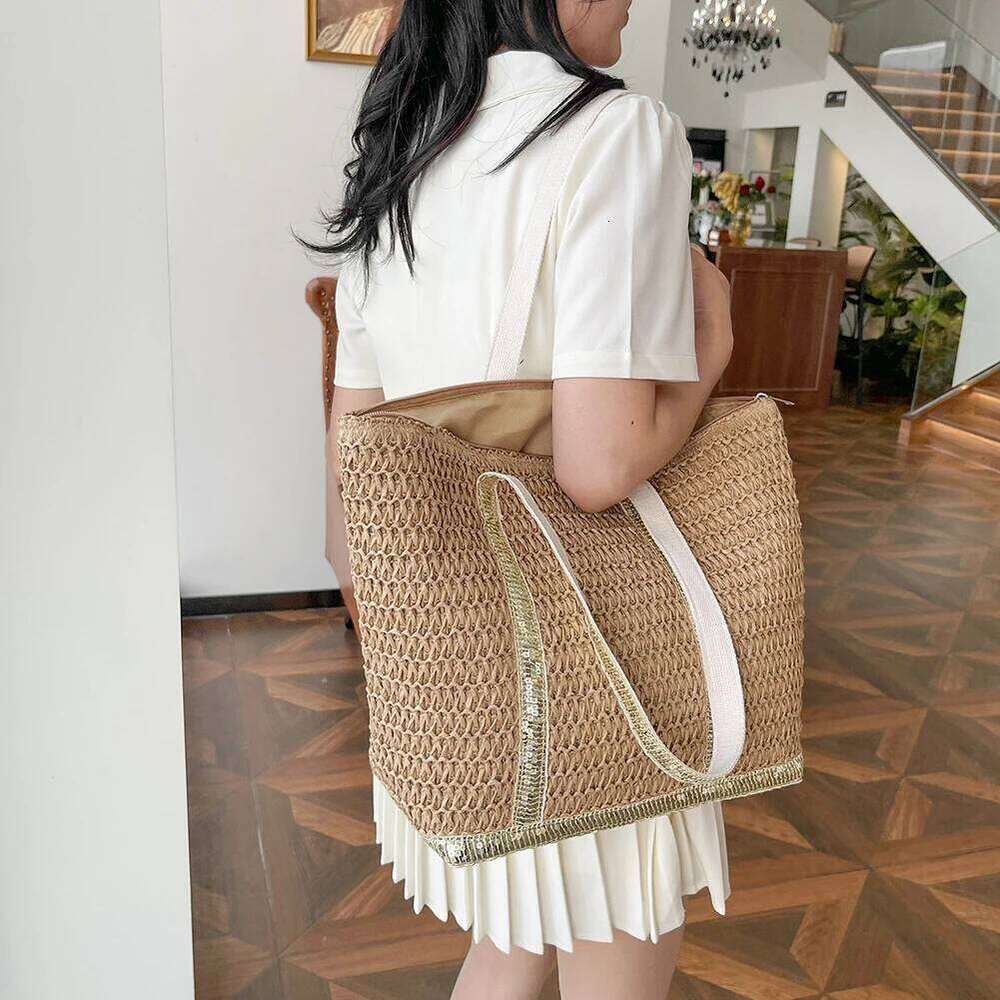 Women Straw Tote Handbag Large Capacity Sequins Weaving Travel Contrast Color Simple Shoulder Ladies Summer Daily Bag XJ260306