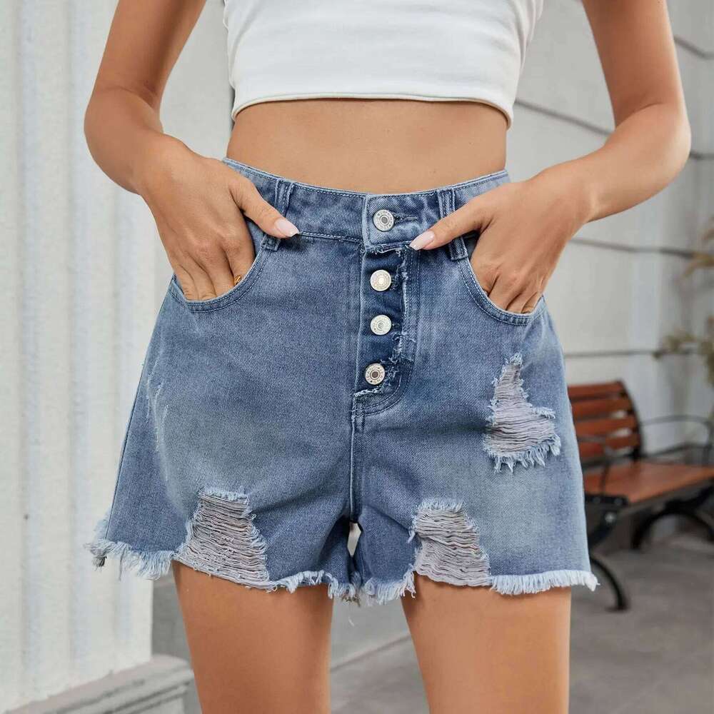 Personality Versatile Washed Ripped High-waist Shorts. Ladies Summer New Fashion Design Casual One Row Button Denim Shorts XJ260306