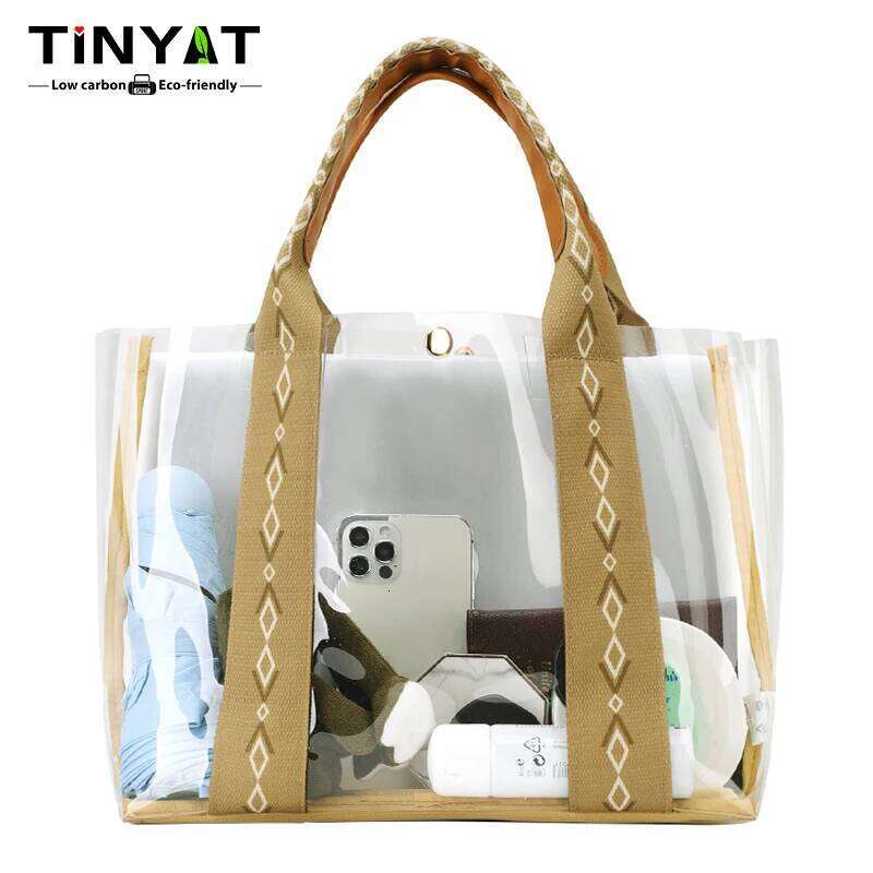 TINYAT Khaki Bohemian Style Clear PVC Tote Bag Women, Transparent Shopper Clutch Purse for Daily Use and Music Festivals XJ260306