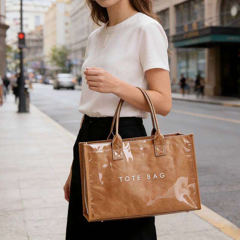 Laptop Storage Pvc Tote Bag,Waterproof Clear Kraft Paper Shoulder Bag,Large Capacity Bookbag,Women Shopper Work Commuter Handbag XJ260306