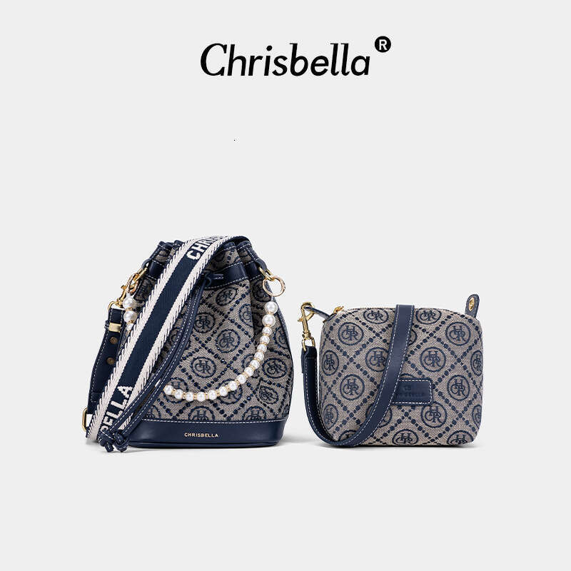 Monogram Print 2 Piece Bag Set - Luxury Bucket Bag & Crossbody Bag with Pearl Chain for Women SENYY
