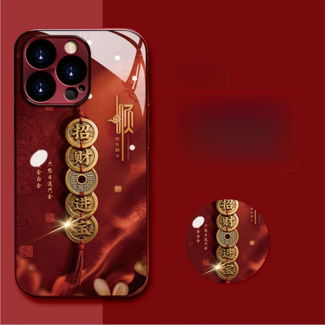 Wine red electroplated glass copper string attracting wealth and treasures, suitable for Apple 17 phone case iPhone 16 PRO MAX New Year