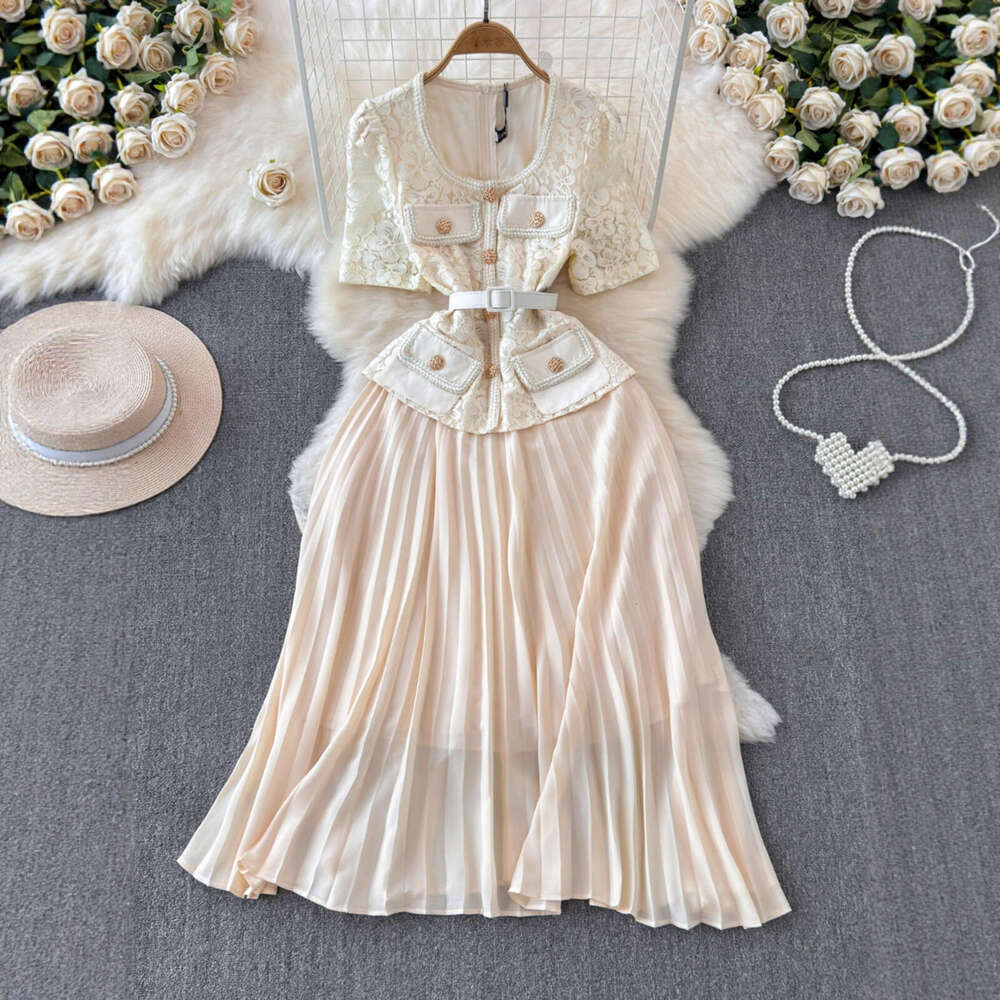 2026 Spring/Autumn New Lightweight Luxury Fashion Elegant Social Style Slimming Lace Patched pleated Dress