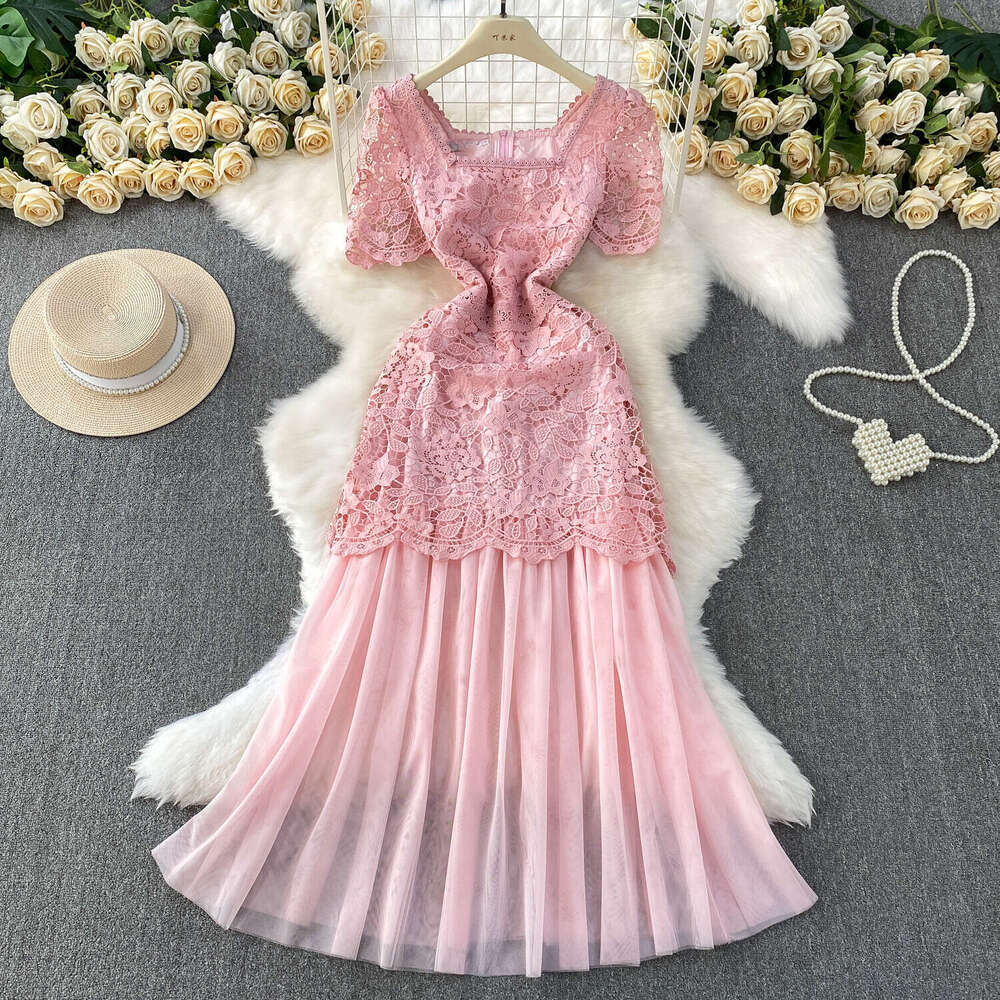 Designer Women's French Lace Square Neck 2026 Spring and Summer High end Curtain Mesh Splicing Elegant Dress