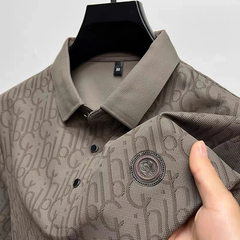 High end ice silk mens polo shirt short sleeve summer cool and breathable lapel T-shirt fashionable printed casual top 260305