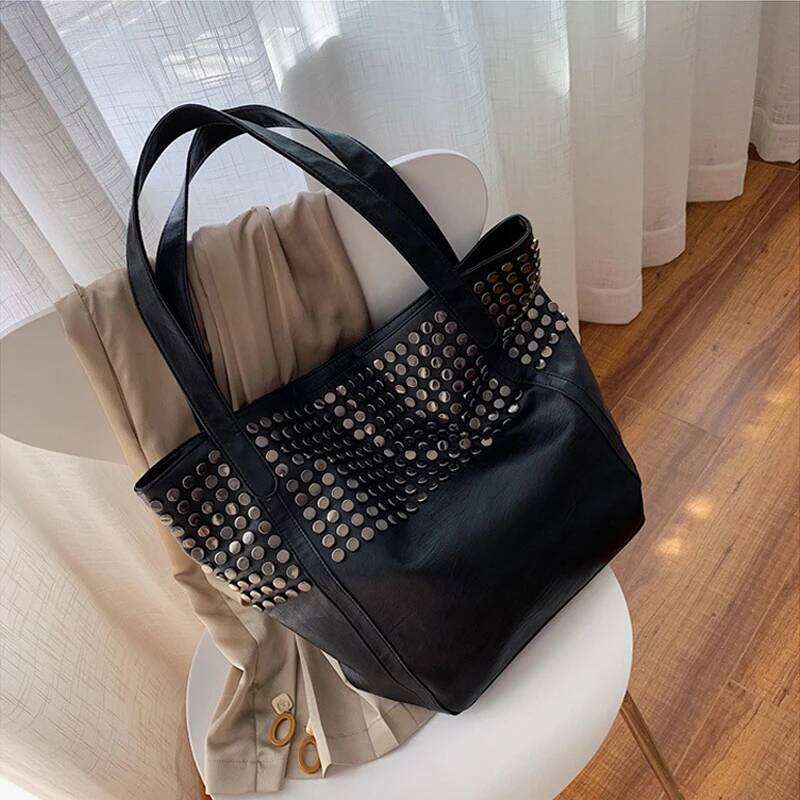 SHELKSBAG 2025 New in Fashion Women's Tote Bags Black Studded Faux Leather Handbags Ladies Large Capacity Foldable Shoulder Bag XJ260306