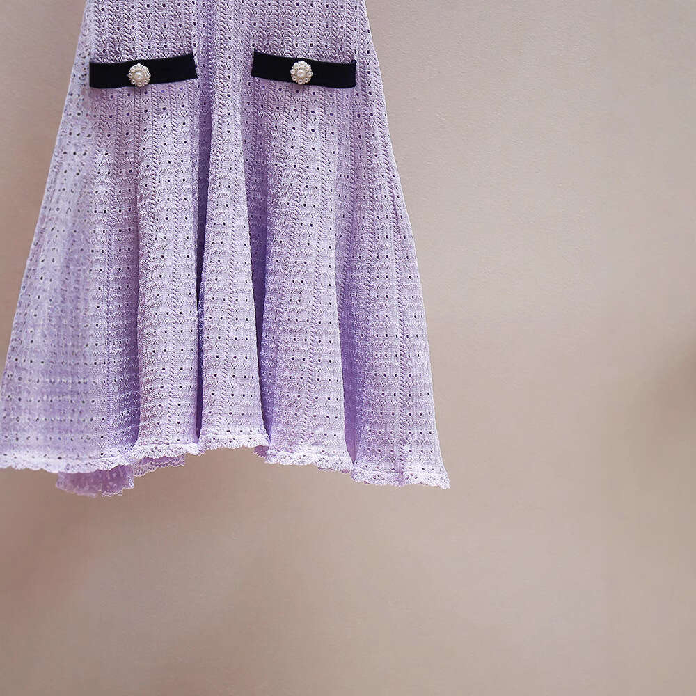 2026 Spring and Summer New Style Elegant Contrastive Color Collar Waist Hollow Short Sleeve Knitted A-line Dress