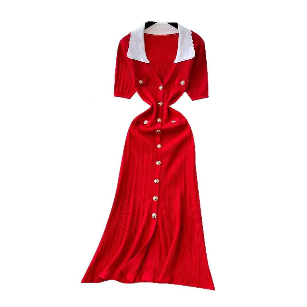 2026 Spring and Summer Designer French Elegant Single breasted Knitted Dress, Casual Bubble Sleeve Retro Long Dress