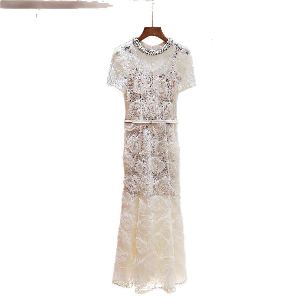 2026 Designer Women's Summer New High end Fashion Heavy Needle Round Neck Lace Medium length Skirt