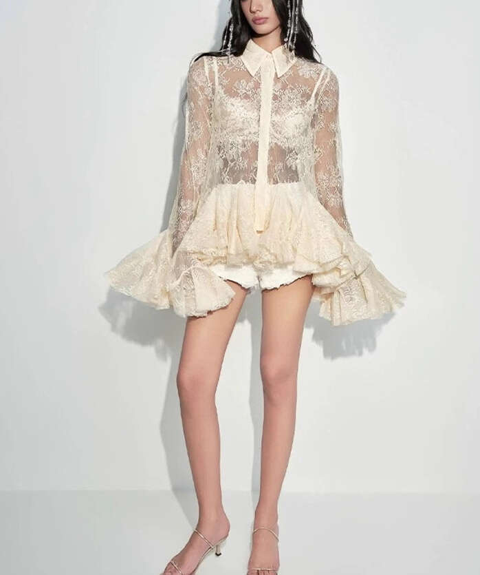 2026 Autumn Fashion Brand Sexy Mesh Lace Perspective Ruffle Bell Sleeve Shirt Top Shorts Set