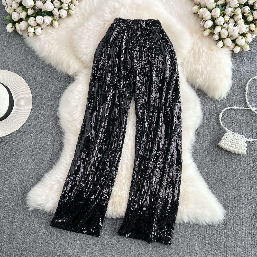 A12 2026 Spring and Summer New Fashionable Unique Glitter Elastic High Waist Wide Leg Casual Women's Pants with Hanging Effect