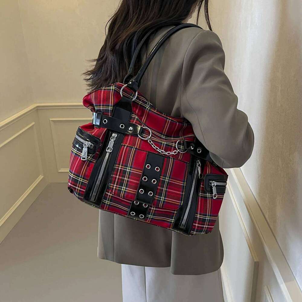 Women Versatile Plaid Tote Multiple Pockets Rivet Motorcycle Stylish Metal Stud Underarm Bag Commute Handbag XJ260306
