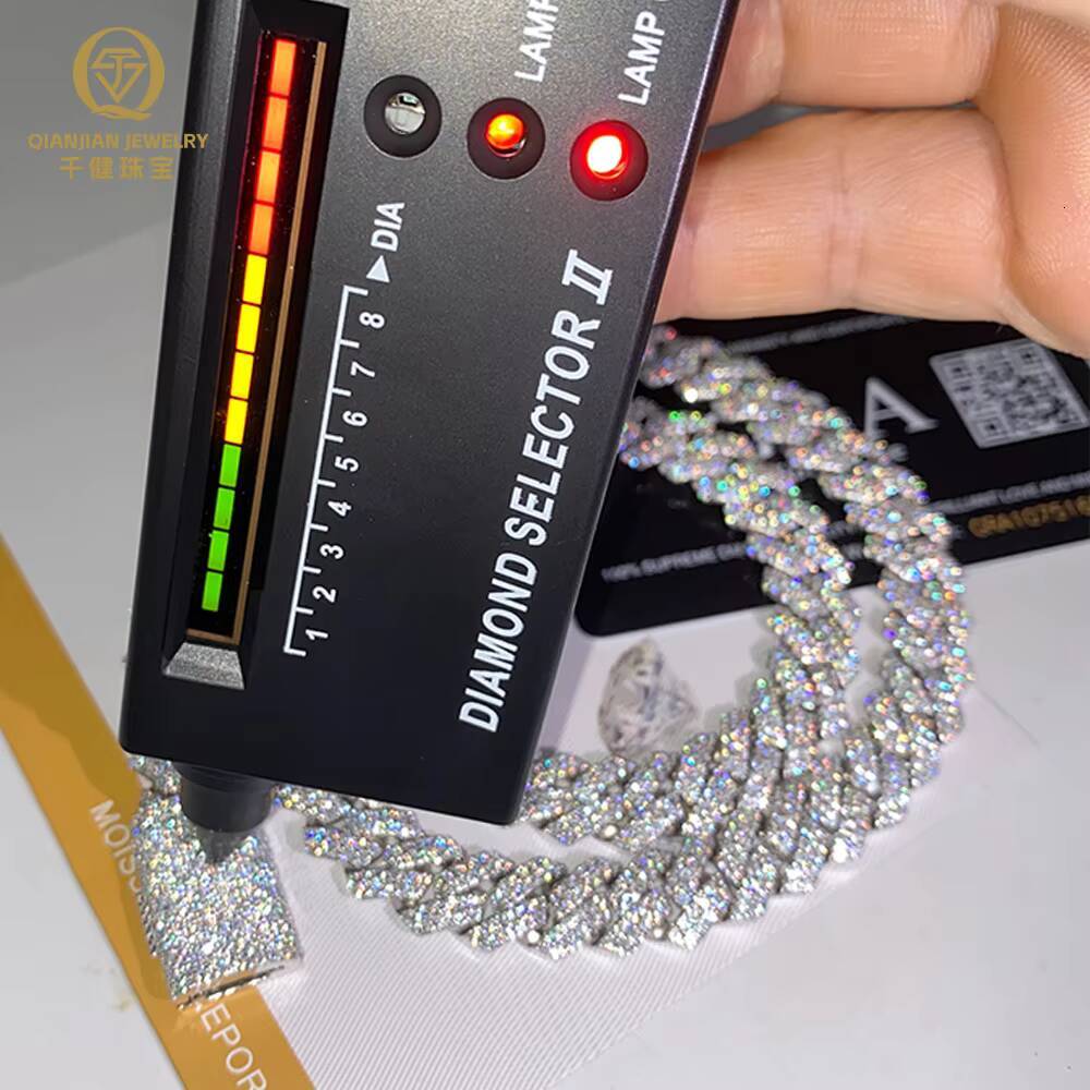 In Stock Luxury Jewelry Prong Setting 12mm Two Rows VVS Iced Out Moissanite Diamond White S925 Sterling Silver Cuban Link Chain