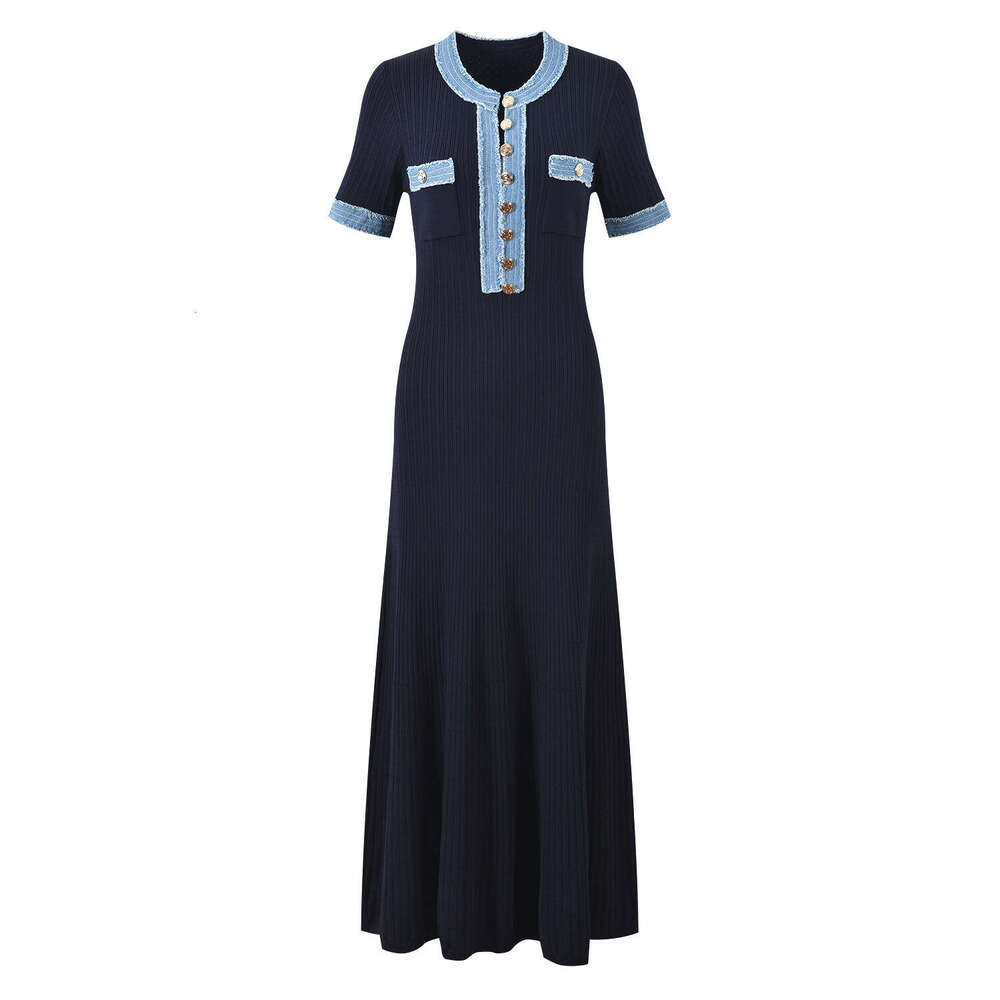 European and American socialite style summer new high-end short-sleeved waist-cinching mid-length dress with half-open collar