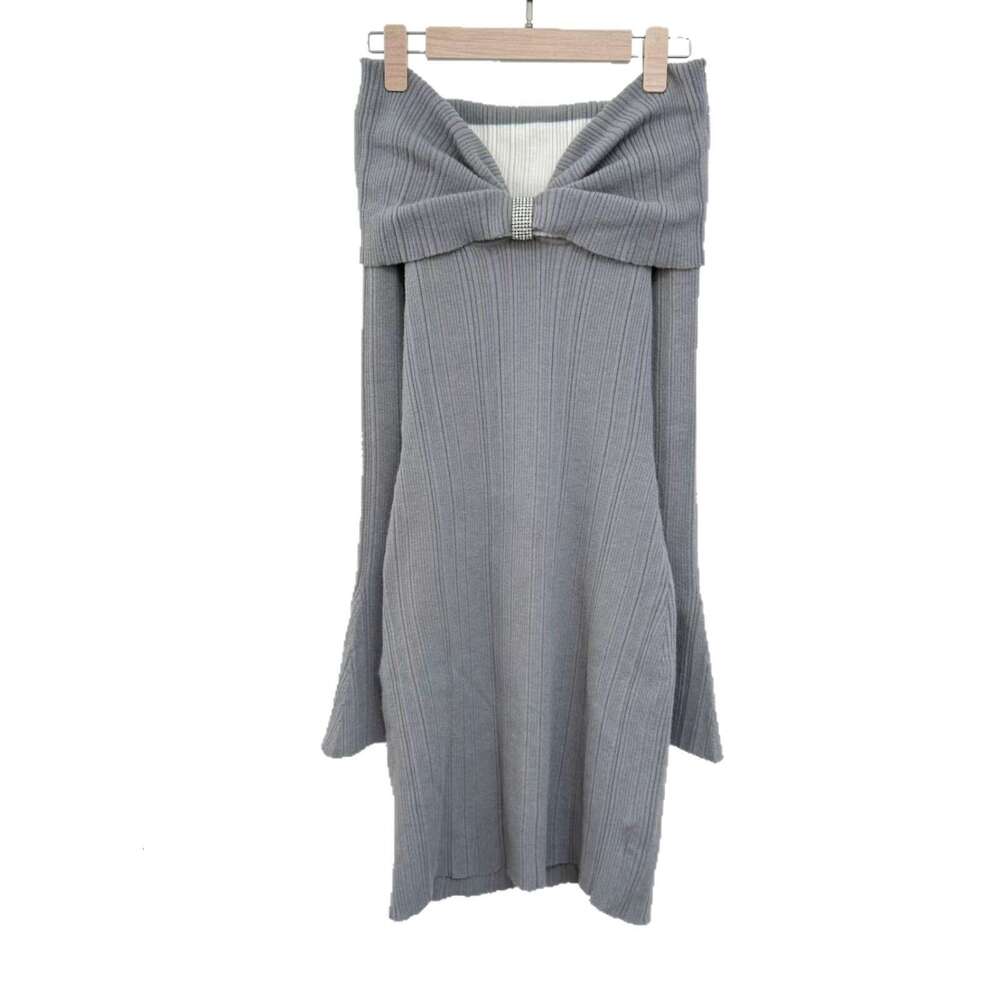 2026 Spring and Autumn Soft and Elegant Bow Off Shoulder Contrast Knitted Waist Bell Sleeve Dress