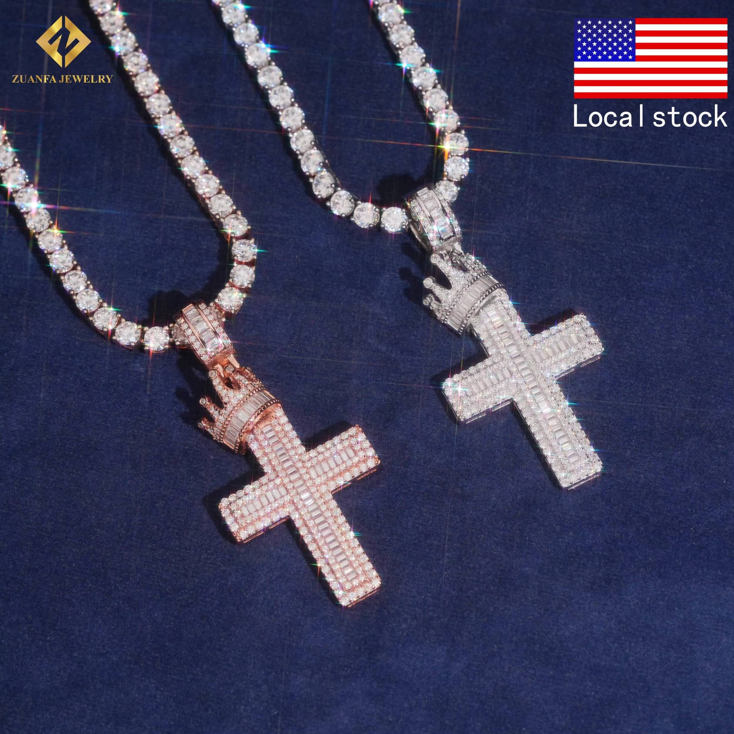 USA Warehouse VVS Moissanite Hip Hop Jewelry Cross Crown Iced Out Pendant Charm 925 Sterling Silver Moissanite Cross Pendant Men