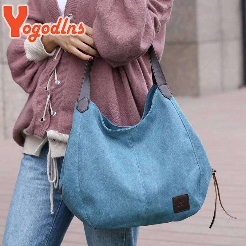 Yogodlns Vintage Canvas Women Large Capacity Shoulder Casual Handle Bag New Fashion Hot Lady Shopping Handbag bolso XJ260306