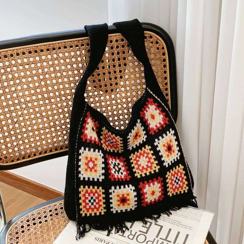 Stylish Tote Large Capacity Space-Saving Women Cut-out Knitted Handbag Casual Crochet Shopping Bag XJ260306