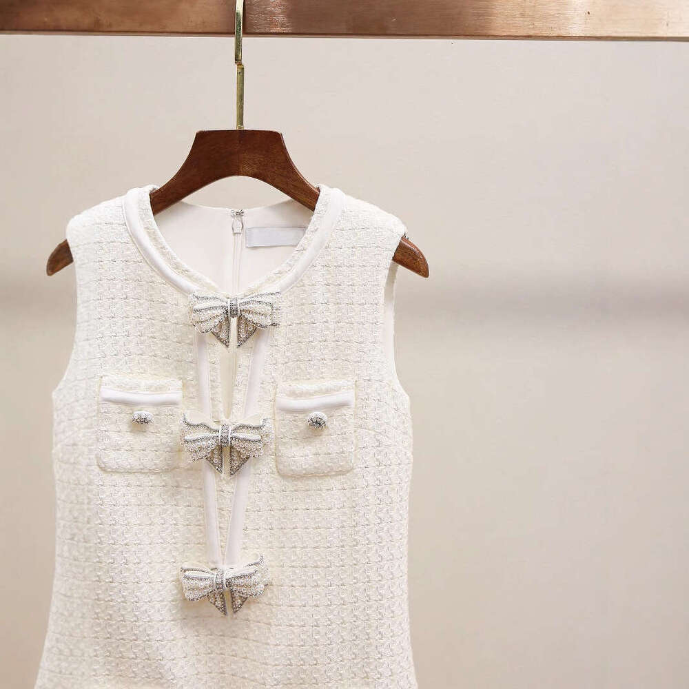 2026 Spring/Summer New French Elegant Social Bead Bow Checkered Tank Top Dress