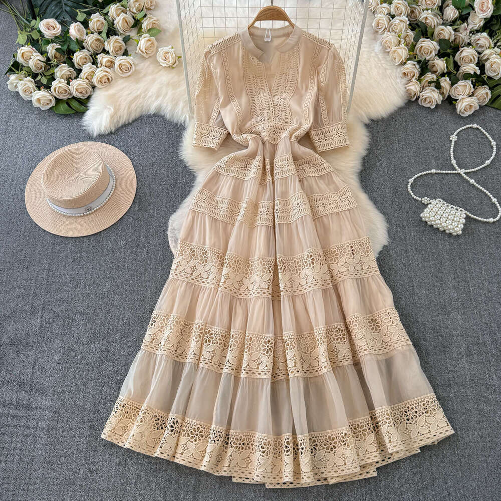 2026 French Spring/Summer Elegant Women's Dress, Unique Hollow Lace Splicing Bubble Sleeve Long Dress
