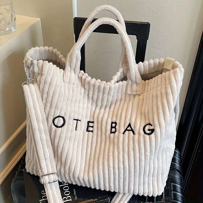 New Style Striped Velvet Handbag Women Shoulder Bag, Large Capacity Crossbody Bags, Versatile Letter Corduroy Women's Tote Bag XJ260306
