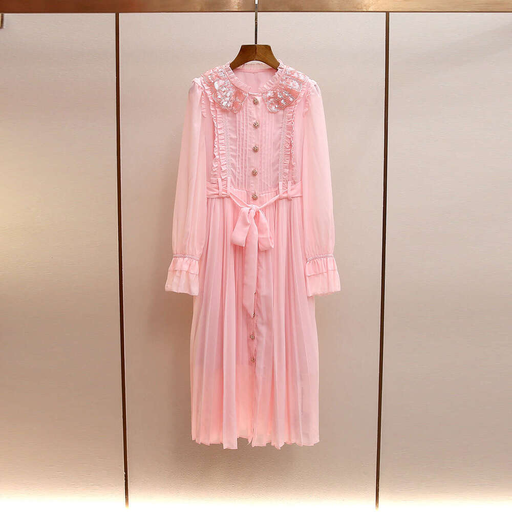 2026 autumn and winter new soft style pink heavy pearl doll collar long sleeved waist pleated flower dress