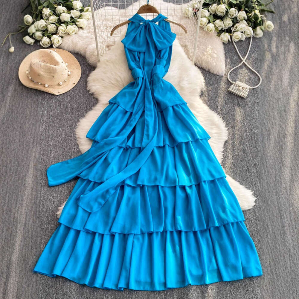 2026 seaside vacation sexy deep V-neck backless dress, summer blue waist cinching slim fit backless dress