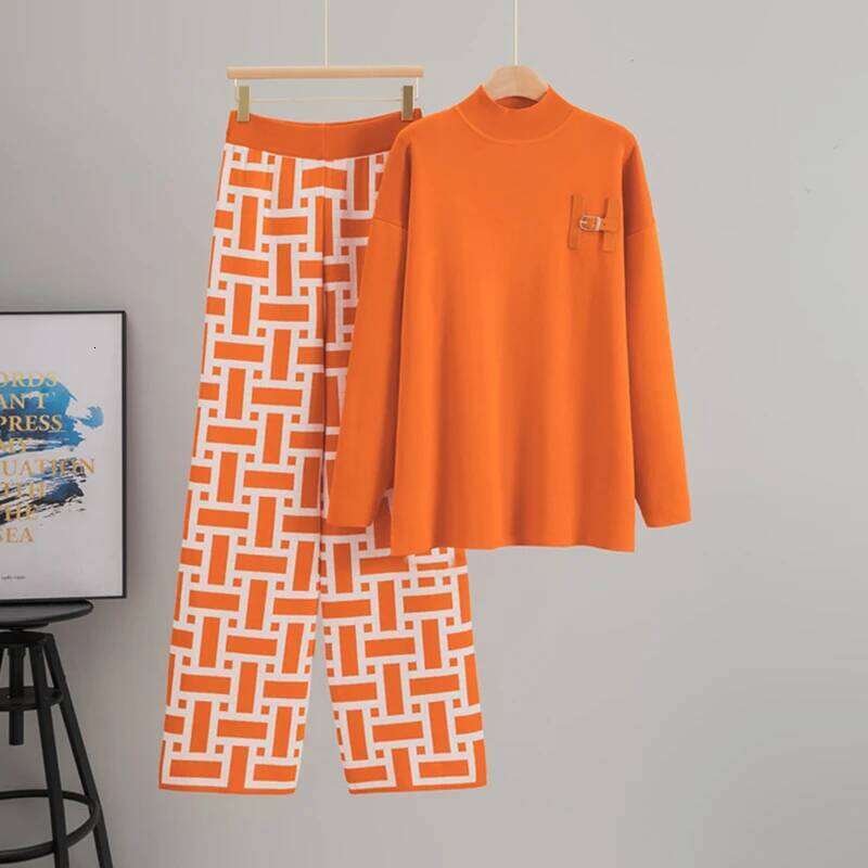 Women Autumn Fashion Color Collision Two-Piece Set O-Neck Loose Sleeved Split Top And High Waist Wide Leg Pants Outfit Luanyun Luanyun