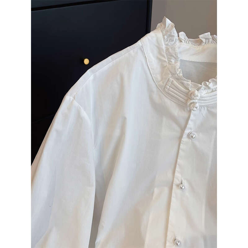 2026 designer's new European style women's palace style pleated stand up collar shirt with unique creativity