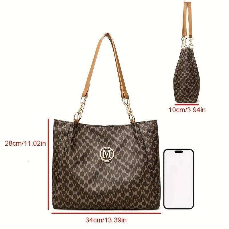 Vintage Geometric Tote Synthetic Leather Letter "M" Design for Women Handbag Shoulder Large Capacity Shopping Travel Bag XJ260306