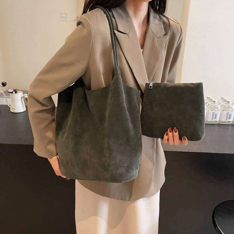 Retro Women's Suede Shoulder Bag New Solid Colors High Capacity Casual Tote Zippered Versatile Sewing Thread for Crafting XJ260306