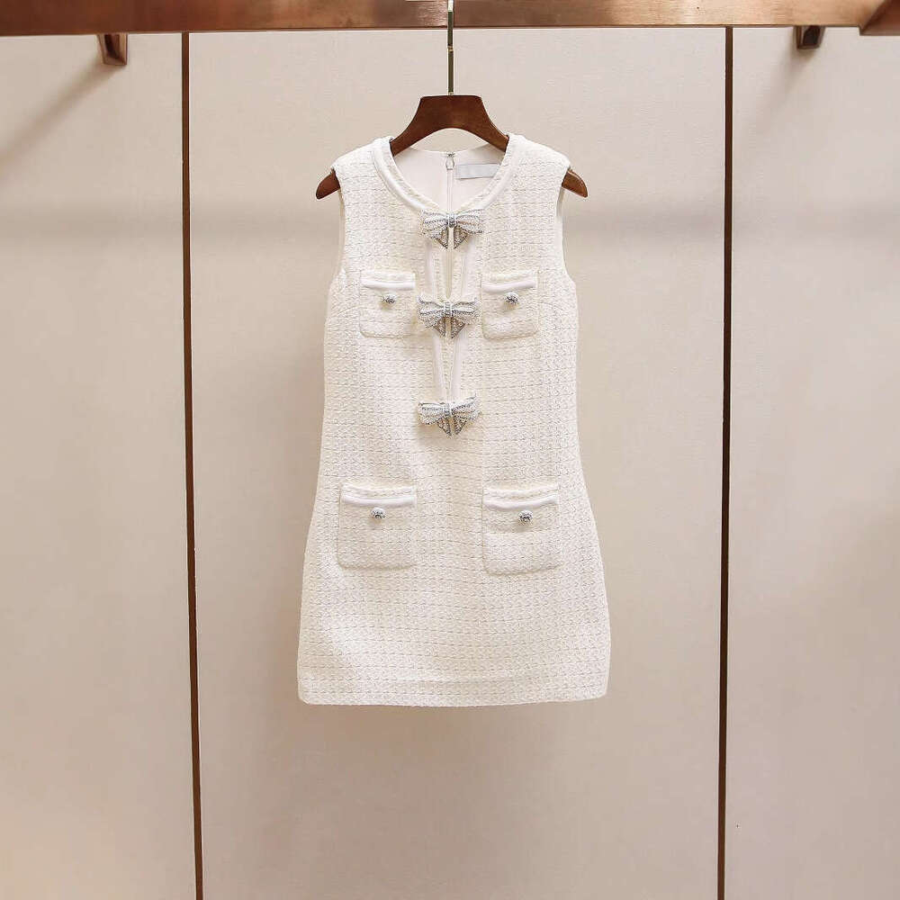 2026 Spring/Summer New French Elegant Social Bead Bow Checkered Tank Top Dress