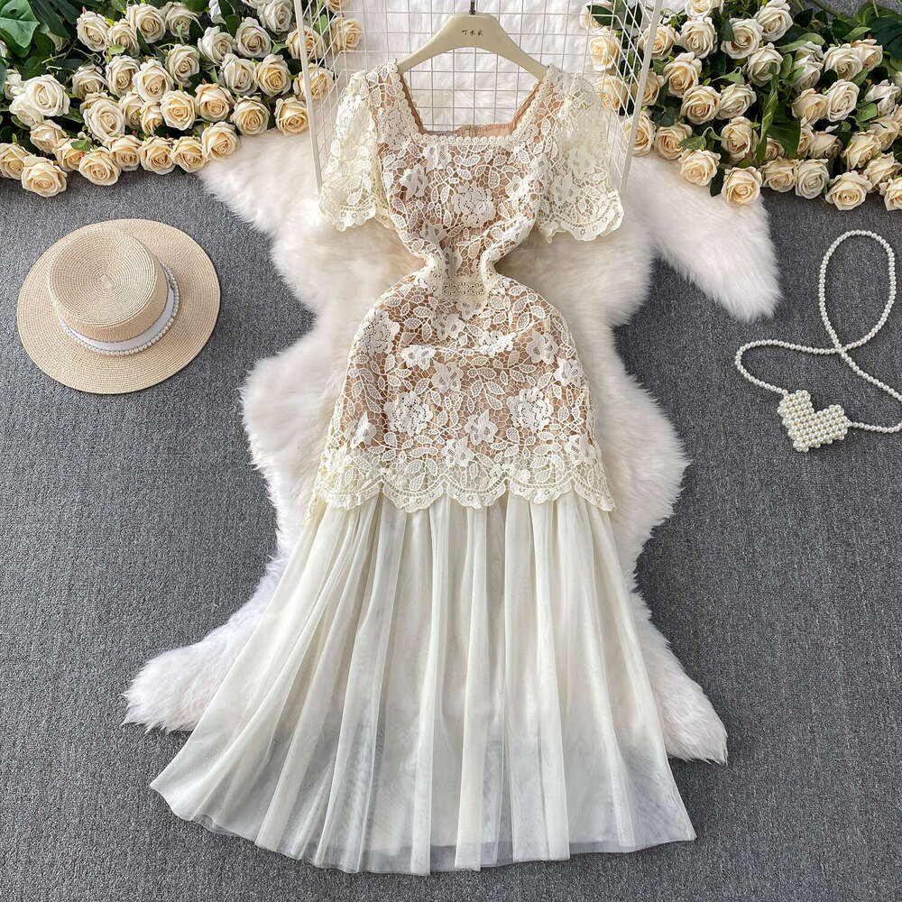 Designer Women's French Lace Square Neck 2026 Spring and Summer High end Curtain Mesh Splicing Elegant Dress