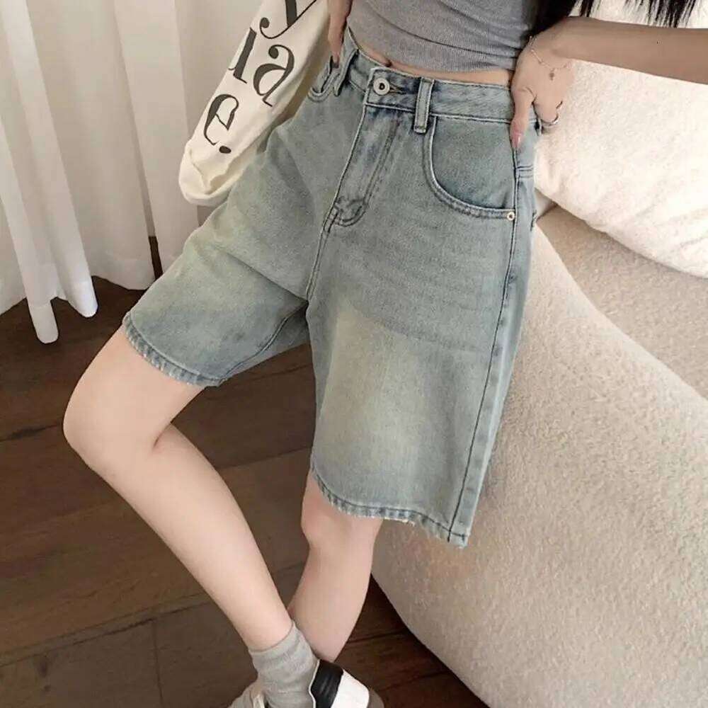 Pants Side Pockets Vintage High Waist Denim Shorts for Women Wide Leg Streetwear Jeans with Button Closure Zipper XJ260306