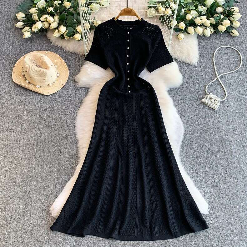 French style new design round neck hollow knit fashionable and elegant A-line long skirt for spring and summer of 2026