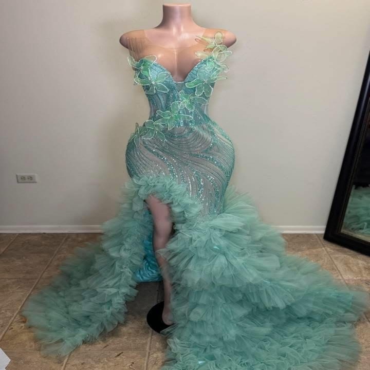 2K26 Sage Prom Dress 2026 Mermaid Prom Dress Florals Illusion Tiers Tulle Evening Dresses For Black Women Birthday Party Formal Receiption Gowns Dress