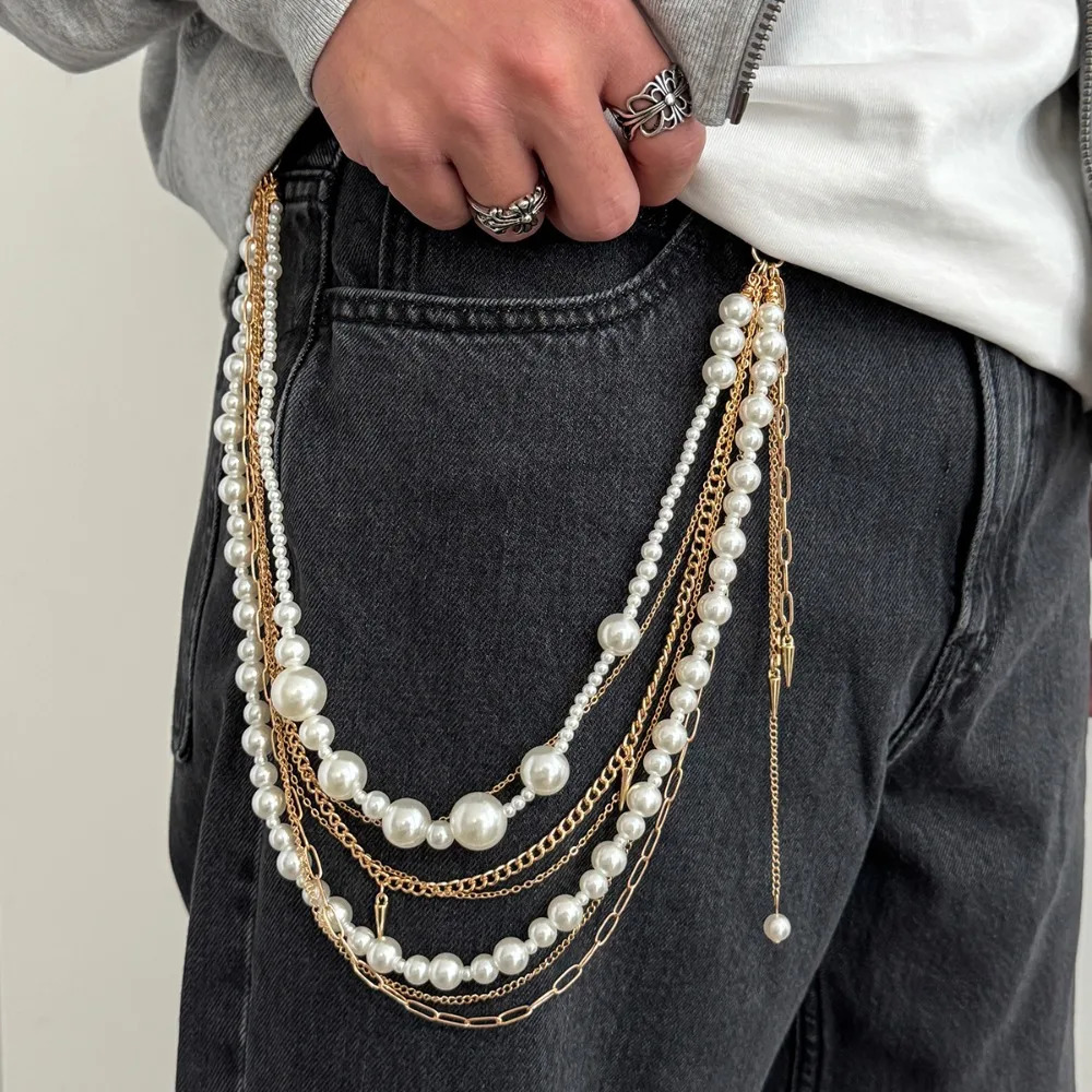 Exquisite Imitation Pearl Trousers Hipster Pant Jean Keychain for Men Punk Trousers Jeans Keyring HipHop Jewelry 260306