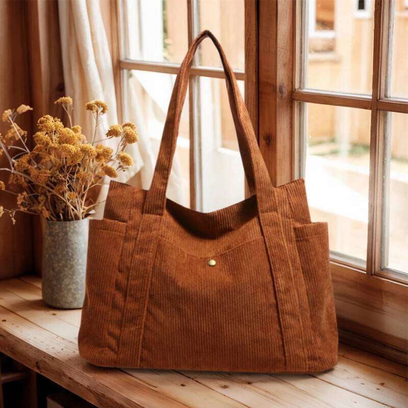 Vintage Women's Corduroy Large Capacity Multiple Pockets Shoulder Solid Simple Female' Handbag Shopping Bag XJ260306