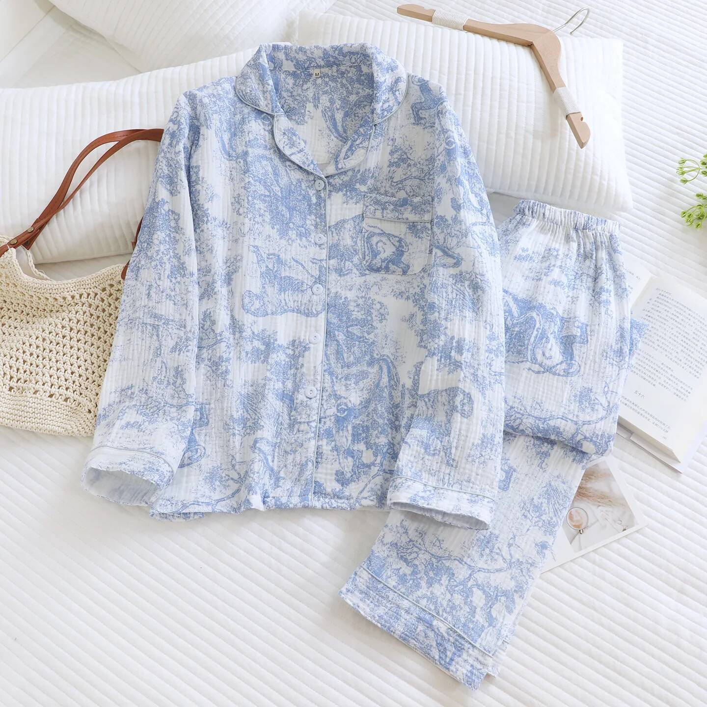 Cotton Double-layer Gauze Sleepwear for Women's Spring and Autumn Thin Long Pants Breathable Two-piece Home Clothes Set