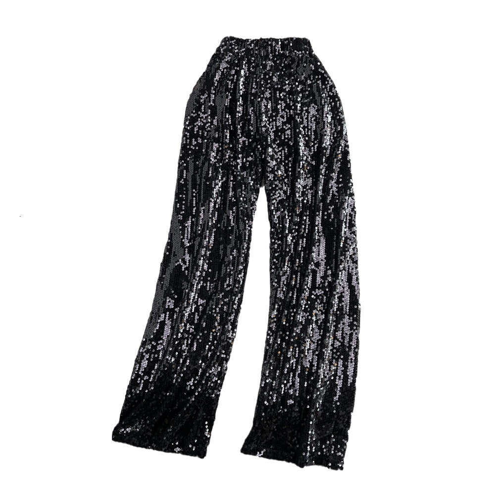 2026 Spring and Summer New Fashionable Unique Glitter Elastic High Waist Wide Leg Casual A13 Women's Pants with Hanging Effect